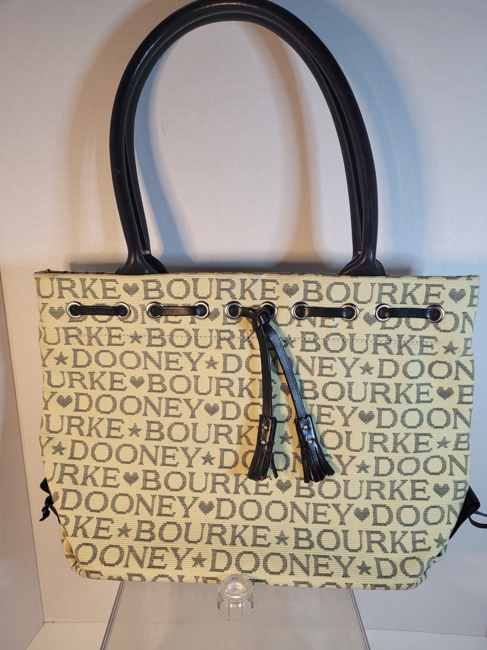 Dooney & Bourke Cream Canvas Logo Tote with Black Handles (Q)